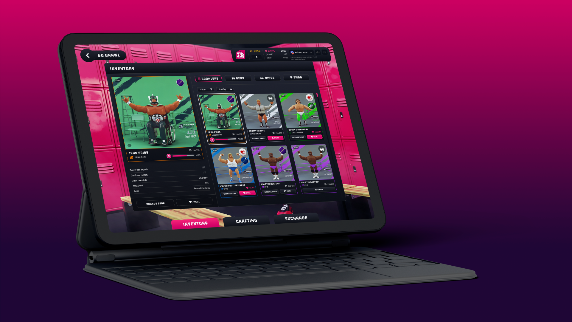 Blockchain Brawlers inventory screen on a tablet