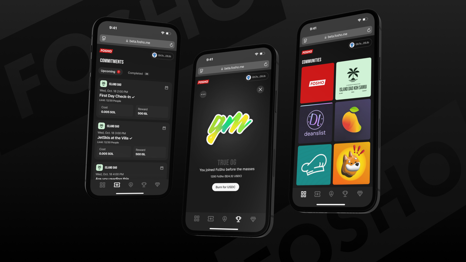 FoSho commitments, badges and communities screens on three phones