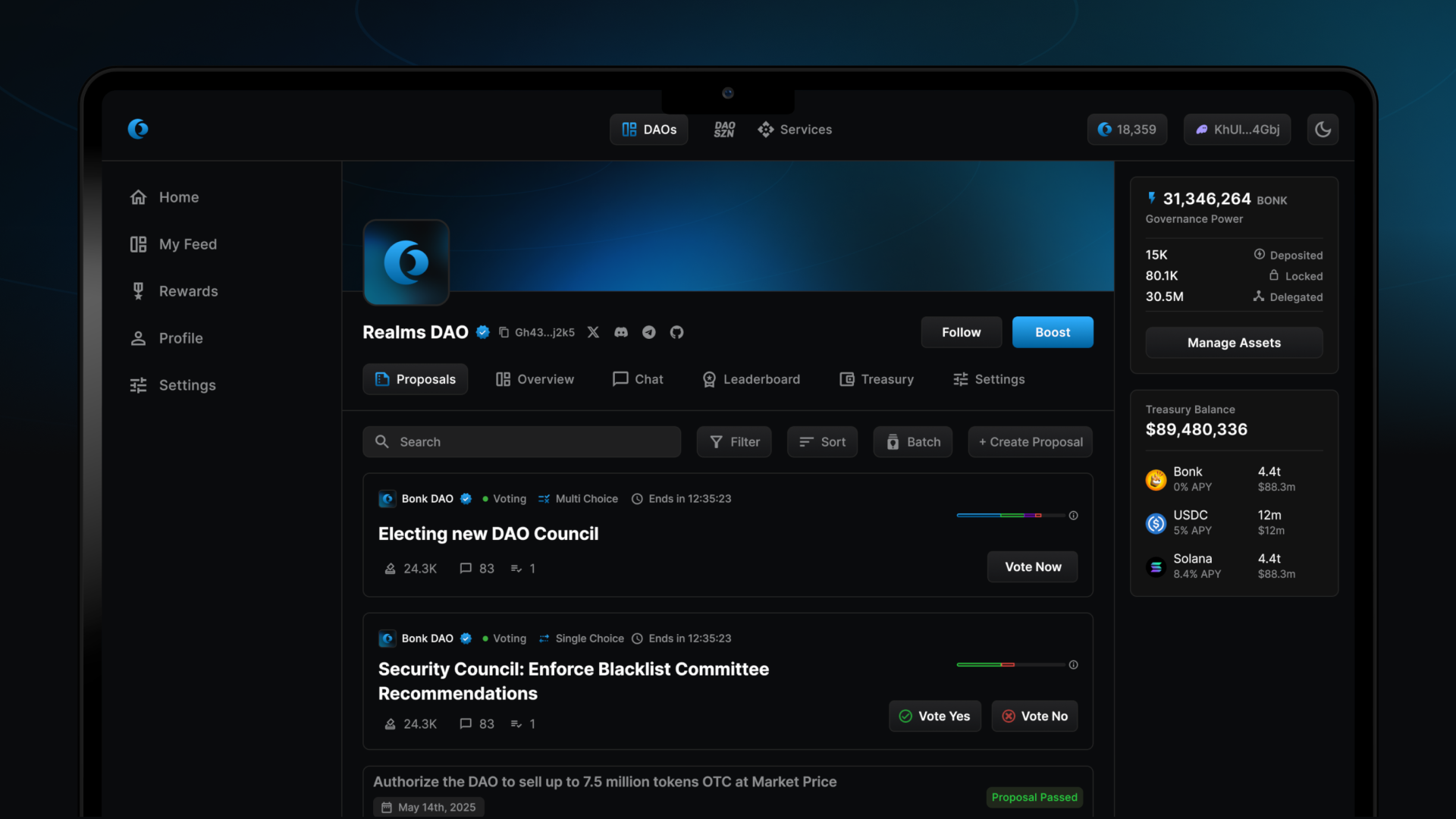 Realms DAO proposals and voting interface
